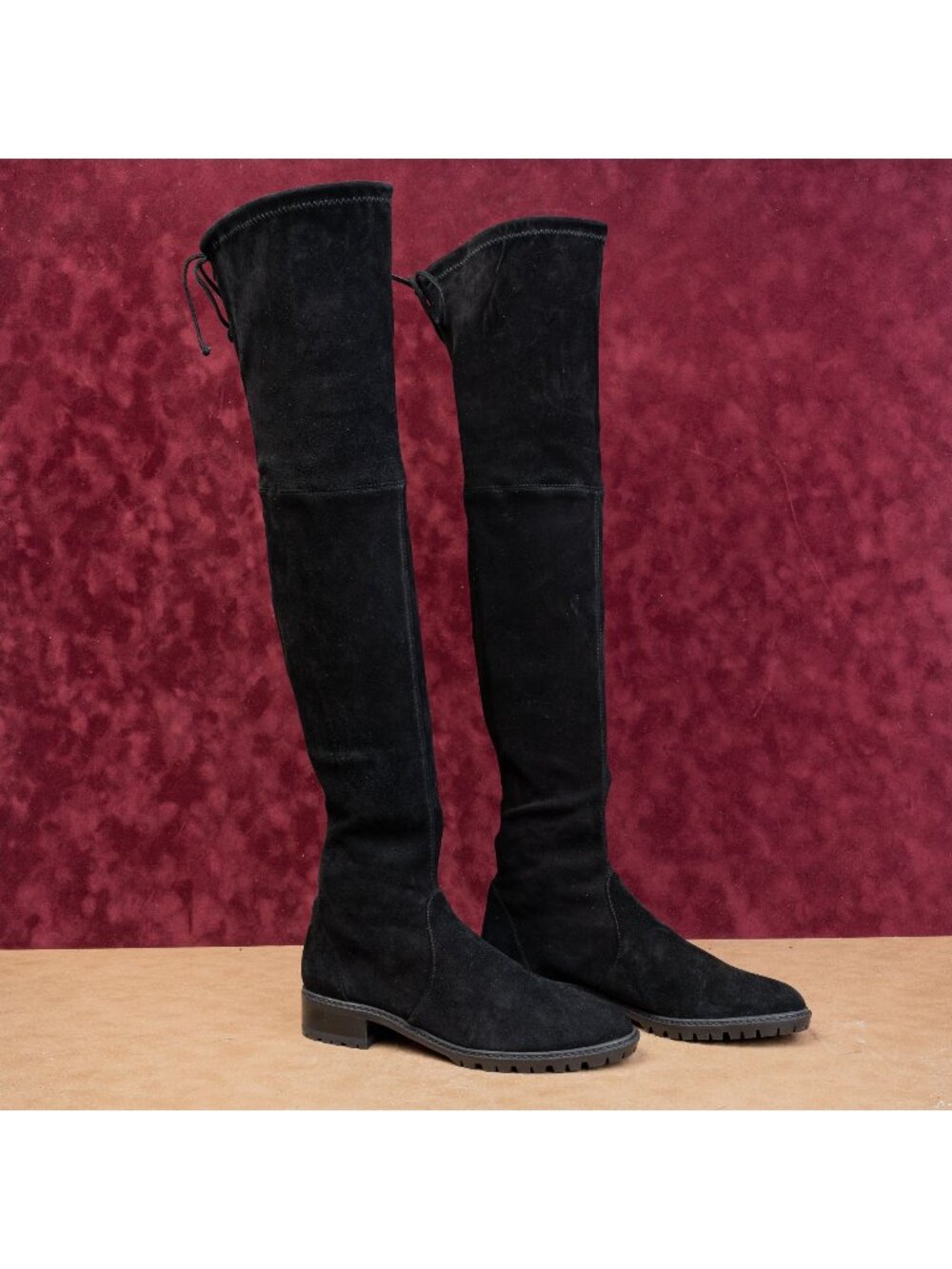 Stuart Weitzman Women Flexible City Back Lace Black Suede OTK Fashion Boots sz 8